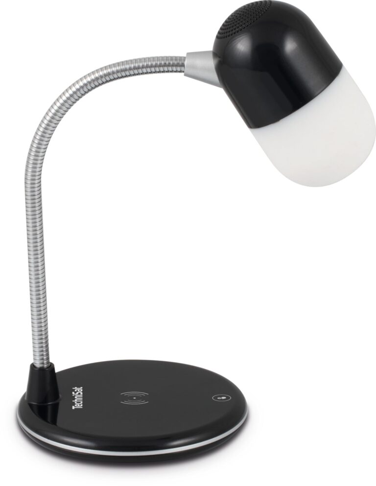 TechniSat Viola Table Lamp LED Table Lamp with Bluetooth Audio Streaming and Wireless Charging for Smartphones (3 Watt Mono Speakers, Three Light Colours, Dimmable, Flexible Lamp Neck) Black